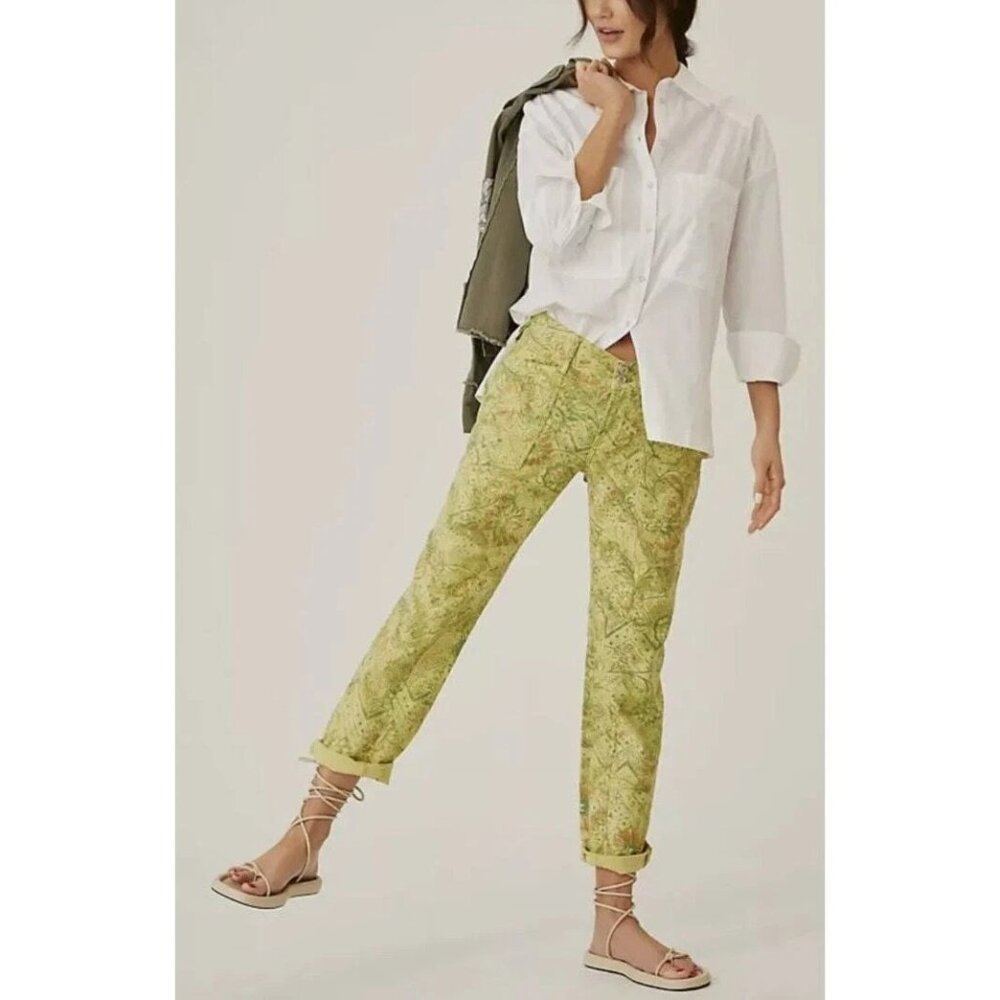 Anthropologie Pilcro The Wanderer Bright Yellow Botanical Print Cotton Pants 27